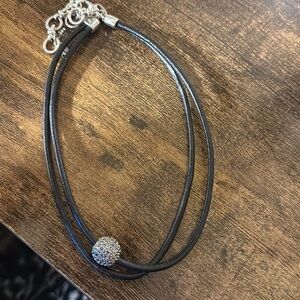 Lucky Brand Silver-Tone Black Leather Crystal Choker Necklace